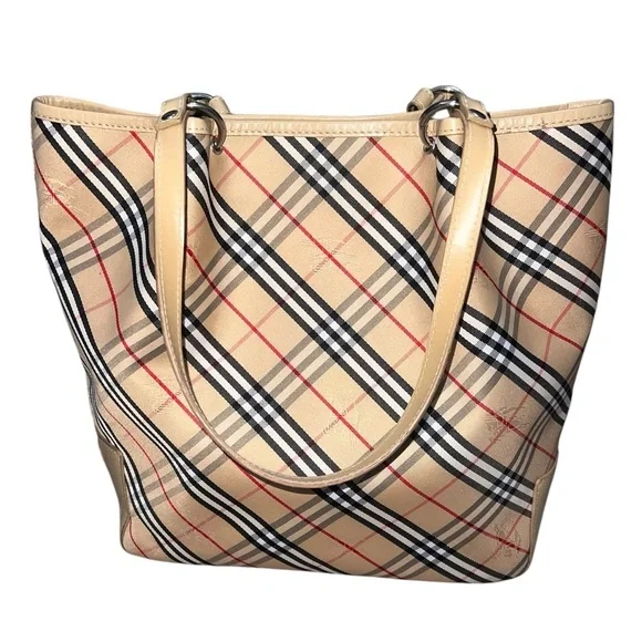 Burberry Nova Check Canvas Leather Tote Tan Black Red Traditional Plaid Pleated - Picture 2 of 16